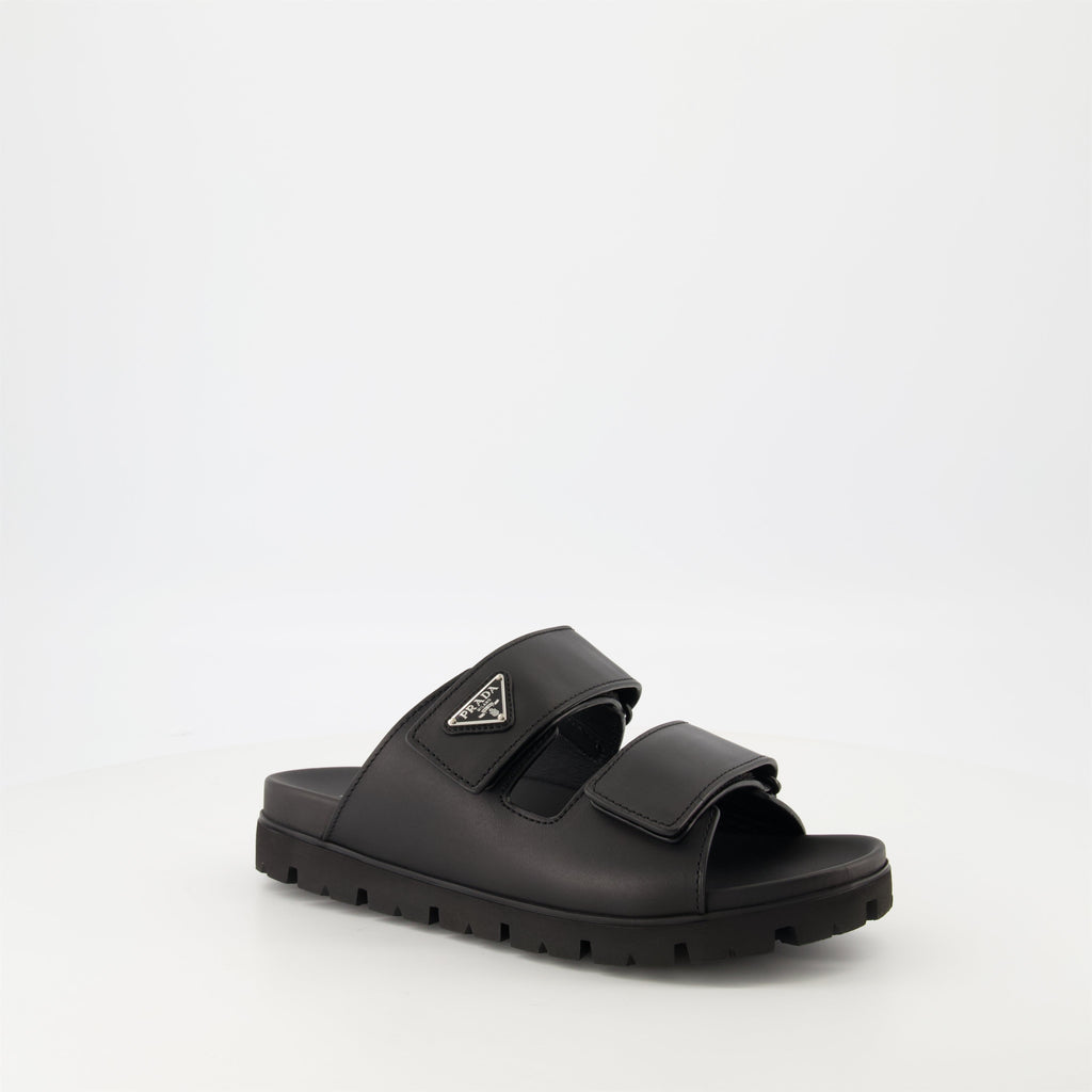 black leather slides, Prada slides, men's leather footwear, stylish casual shoes, comfortable leather sandals