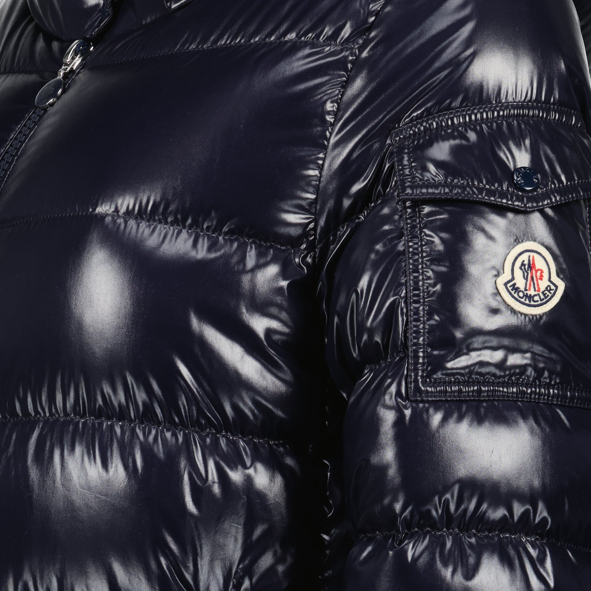 Moncler Courcelles jacket, mid-length down jacket, navy nylon jacket, women's outerwear, luxury fashion jacket