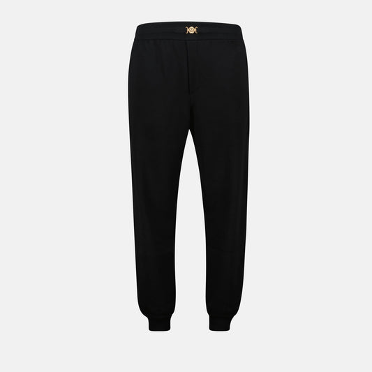 cashmere pants, wide leg pants, black jogging trousers, Medusa Biggie finishes, side pockets