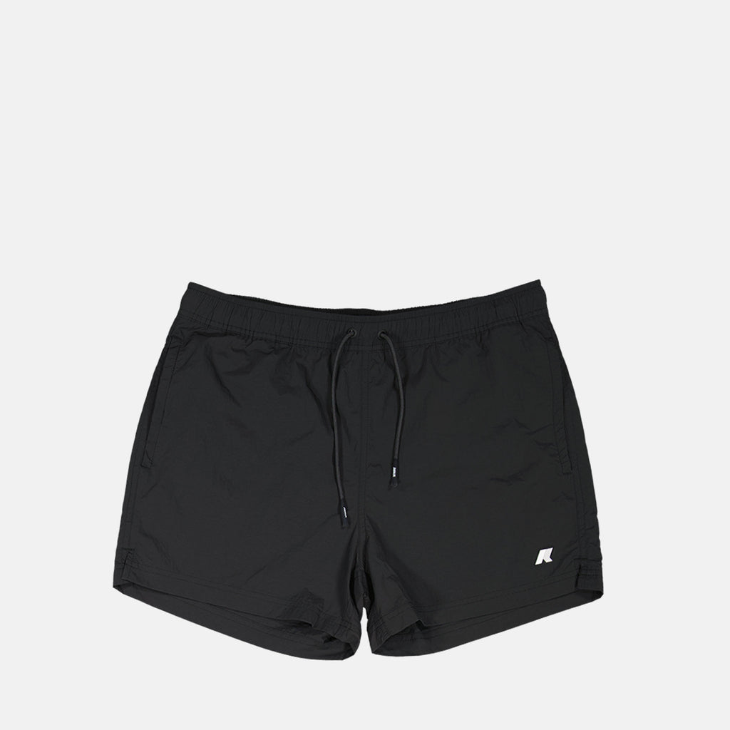 swim shorts, seersucker fabric, black swimwear, practical pockets, summer essentials