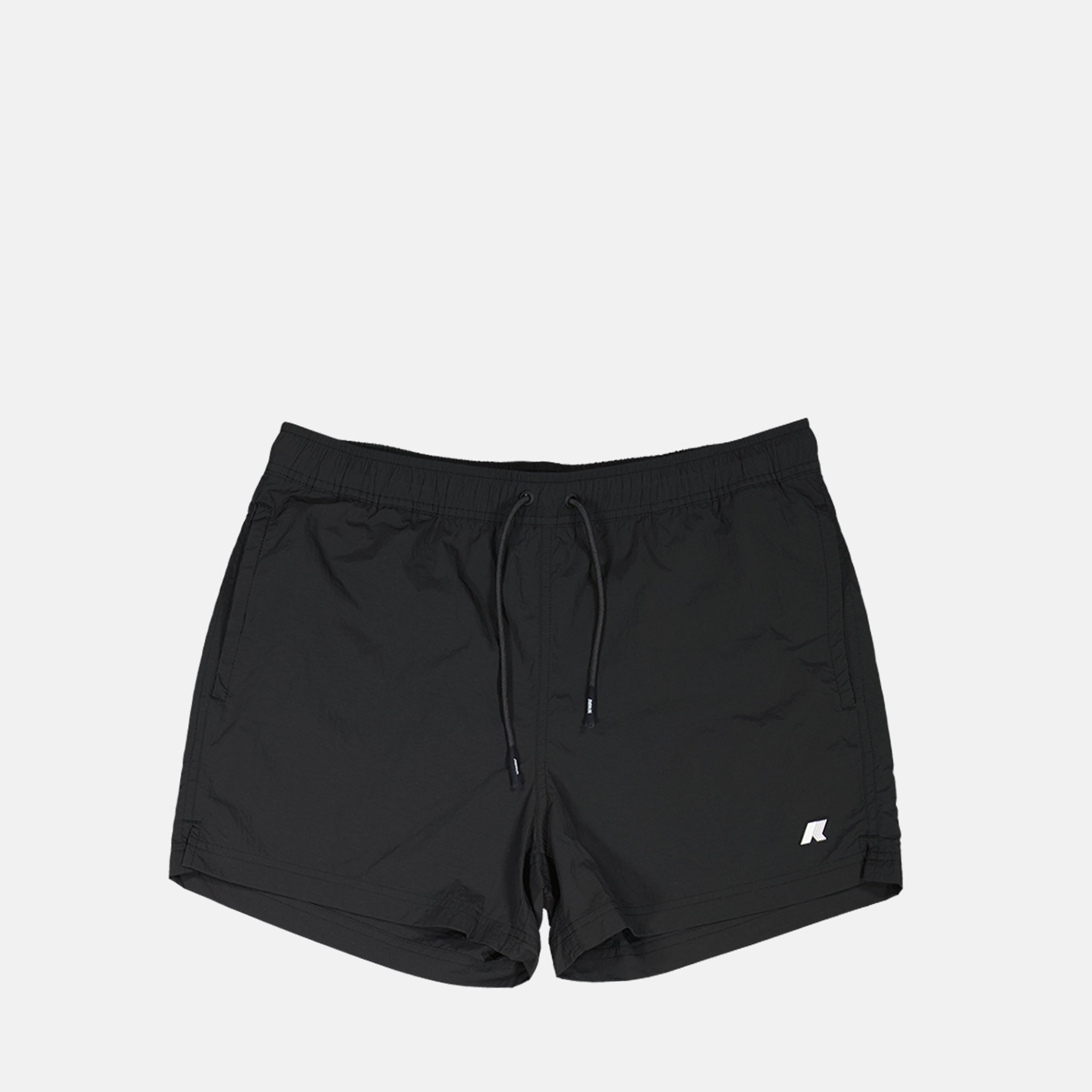 swim shorts, seersucker fabric, black swimwear, practical pockets, summer essentials