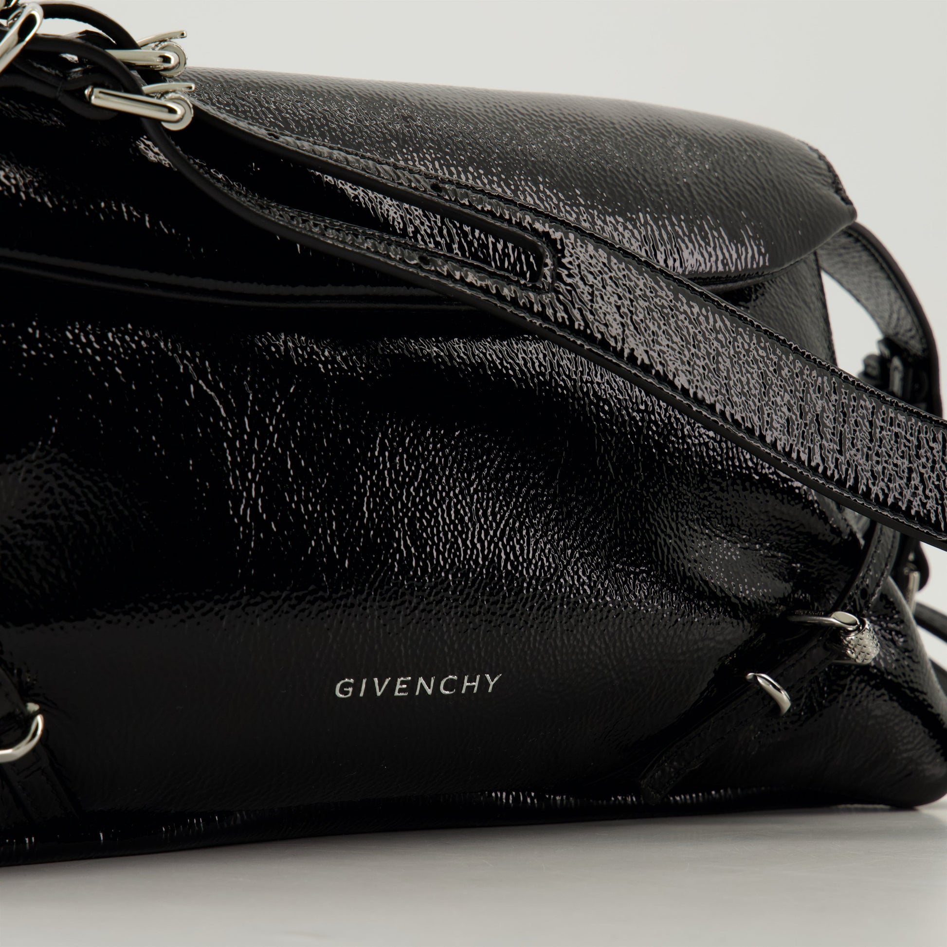 patent leather bag, Givenchy shoulder bag, black leather bag, designer handbag, elegant leather bag