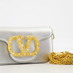 VLogo bag, Valentino Garavani, leather shoulder bag, silver handbag, Swarovski accents