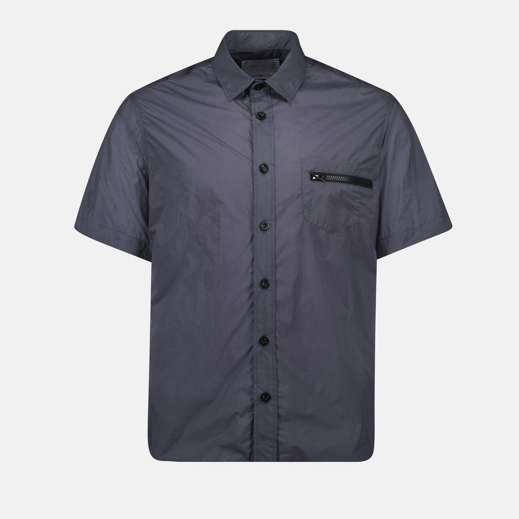 nylon shirt, blue-grey shirt, classic collar shirt, Sacai collection, short sleeve shirt