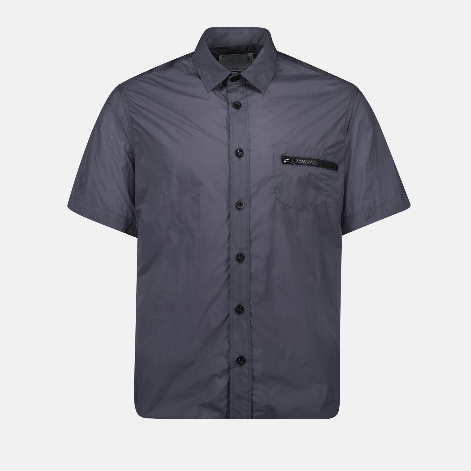 nylon shirt, blue-grey shirt, classic collar shirt, Sacai collection, short sleeve shirt