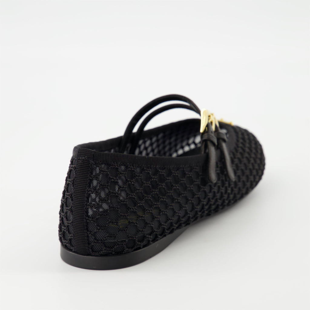 black mesh ballerinas, Prada shoes, stylish flats, rubber sole ballerinas, adjustable strap footwear