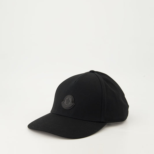 Moncler cap, leather logo, luxury accessory, black cotton cap, stylish headwear