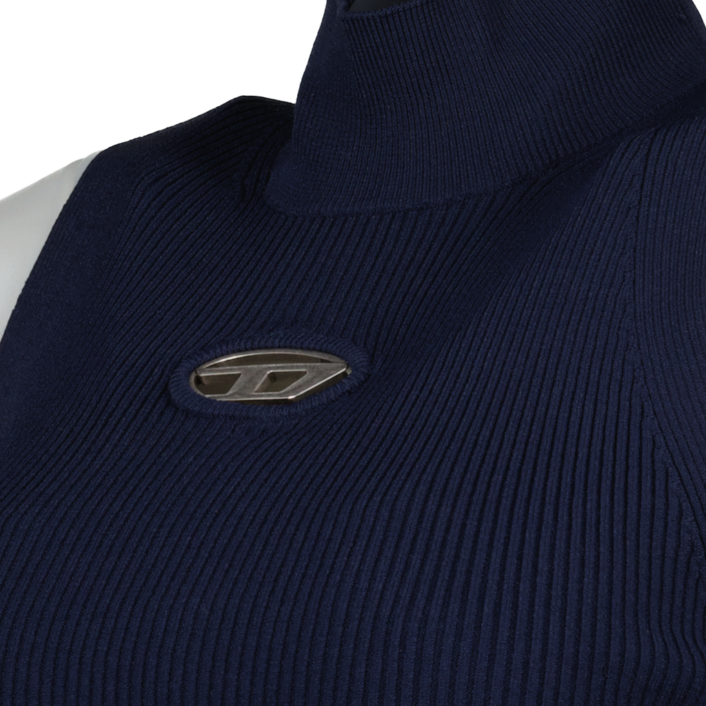 ribbed turtleneck top, sleeveless blue top, Diesel Autumn-Winter collection, luxury jersey top, high-neck stretch top