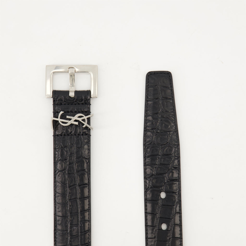Cassandre belt, croc effect leather belt, black leather belt, adjustable leather belt, metallic logo belt