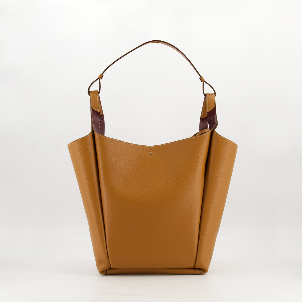 brown leather bucket bag, Tod's bag, luxury accessories, designer handbag, camel leather bag