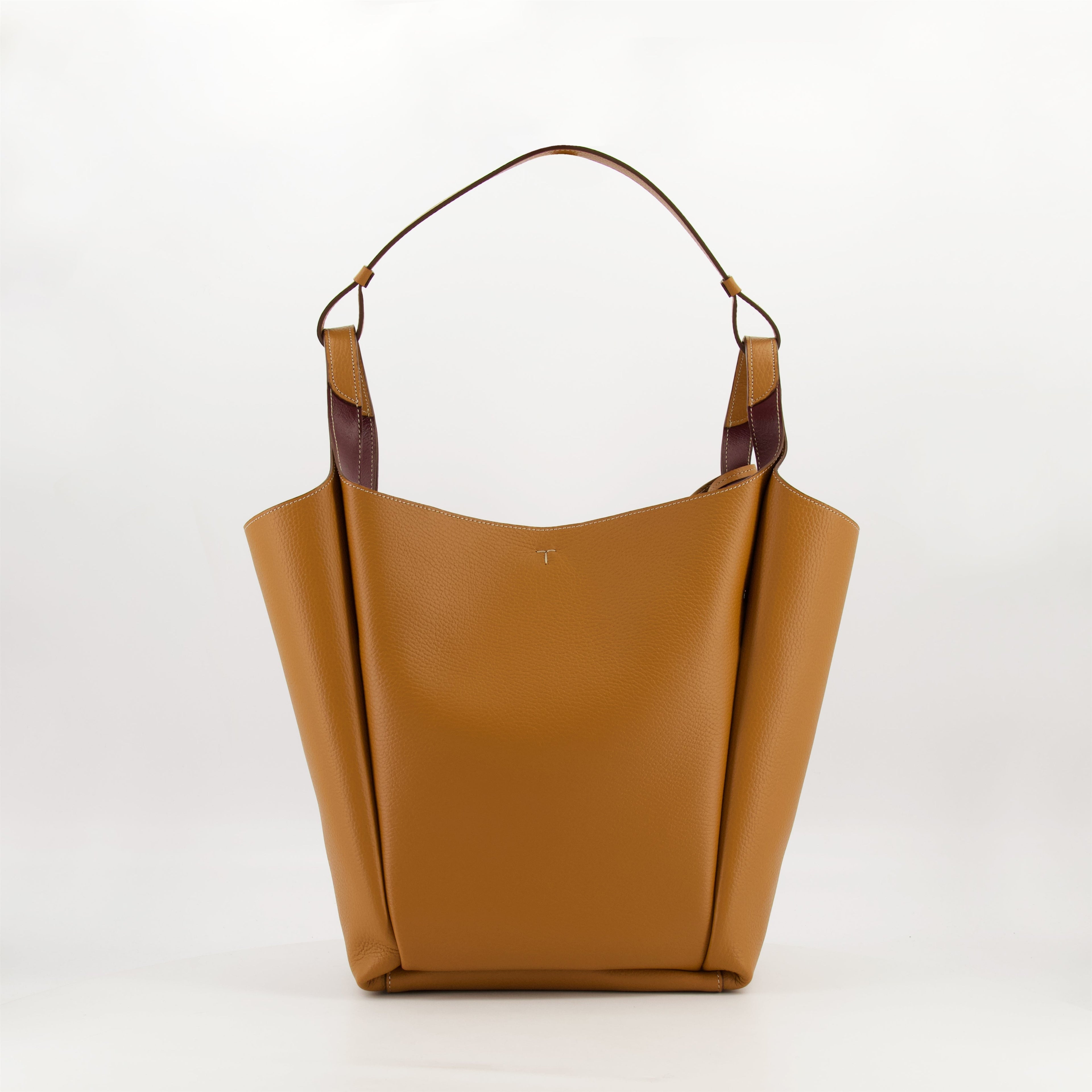 brown leather bucket bag, Tod's bag, luxury accessories, designer handbag, camel leather bag