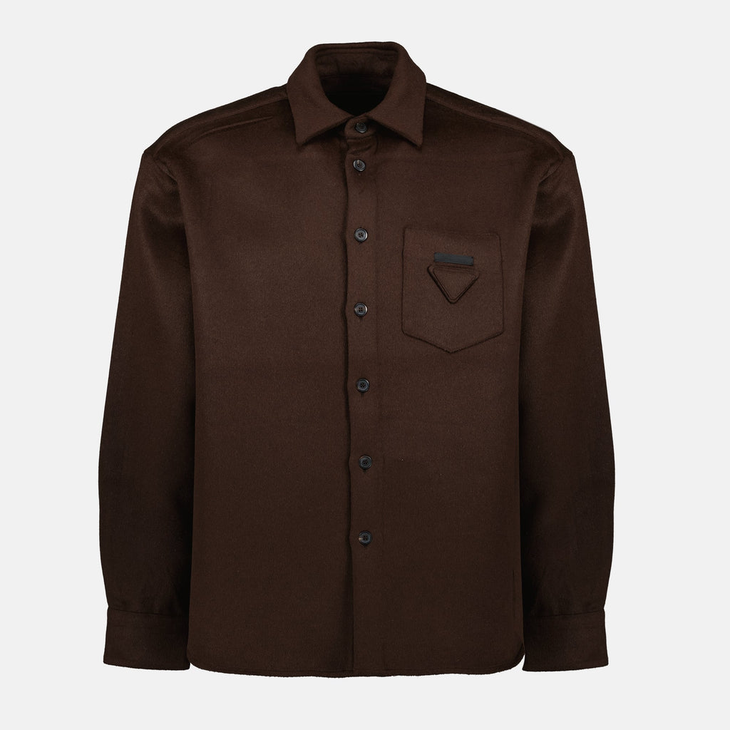 Prada wool shirt, brown shirt, classic collar shirt, luxury casual wear, Autumn-Winter collection