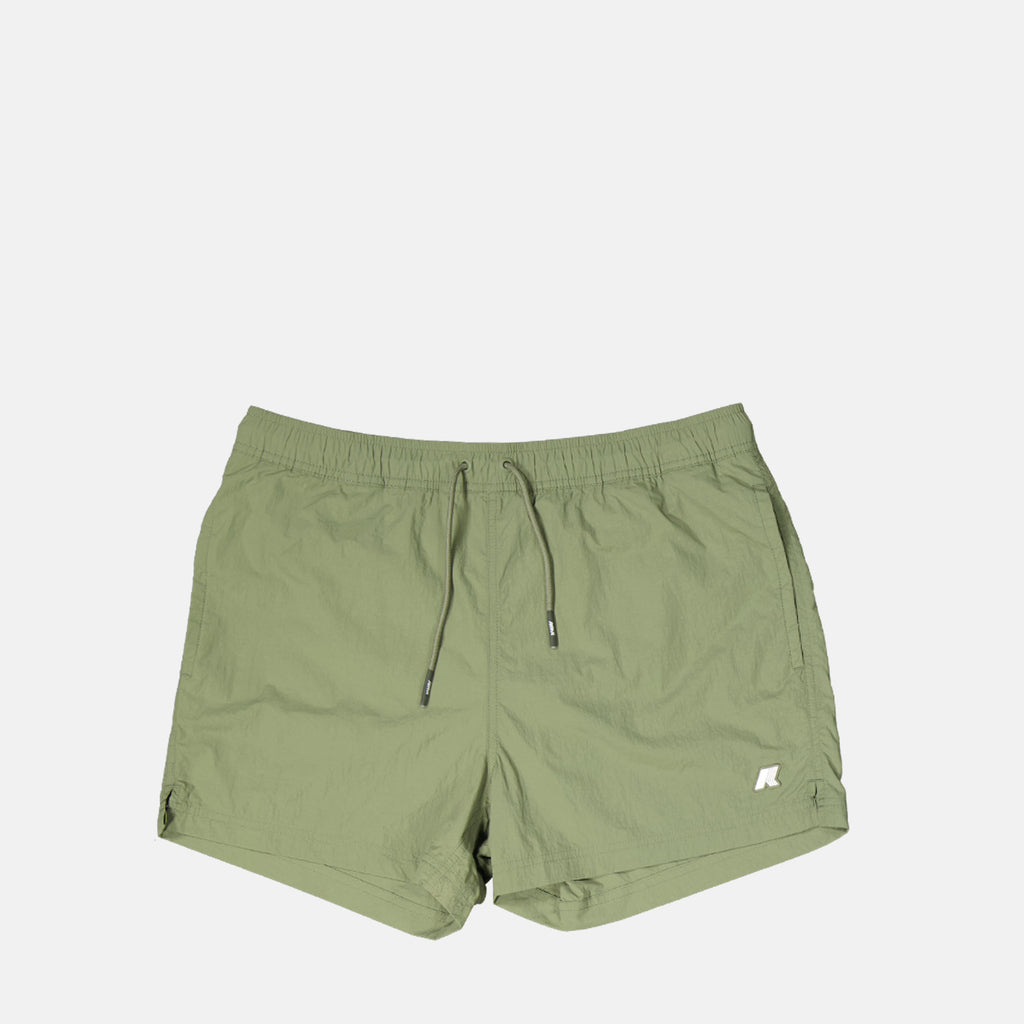 swim shorts, K-Way swimwear, quick-dry swim shorts, seersucker fabric, kaki swim trunks