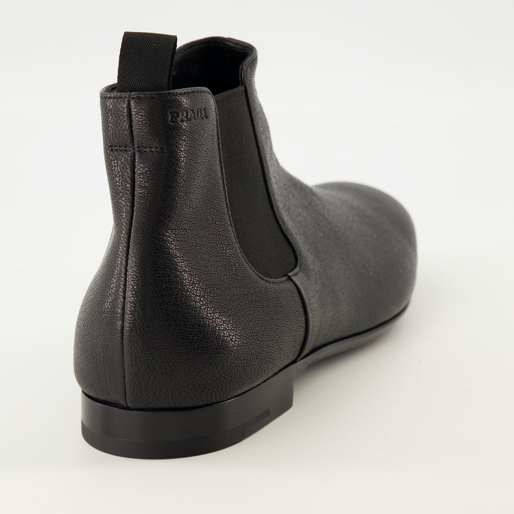 Chelsea boots, black leather boots, Prada footwear, men's boots, grained leather