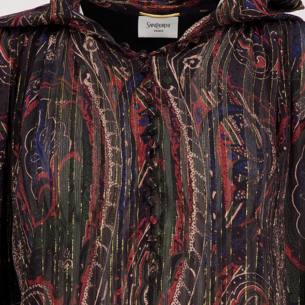 サン・ローランの女性用シルクルレックス・ラバリエールドレスの画像 - 2025年春夏シーズン - 詳細ビュー2