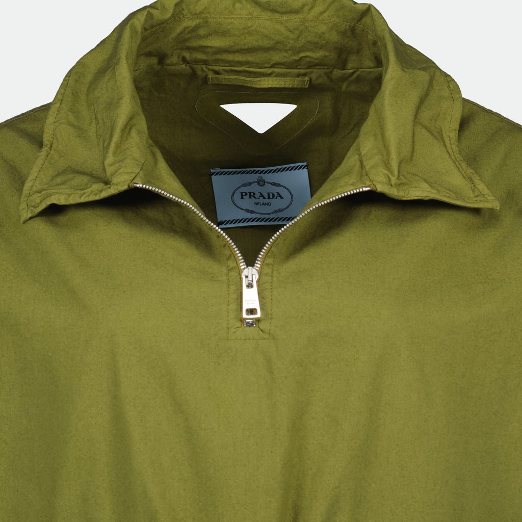 olive green jacket, poplin jacket, Prada jacket, funnel collar jacket, women's outerwear