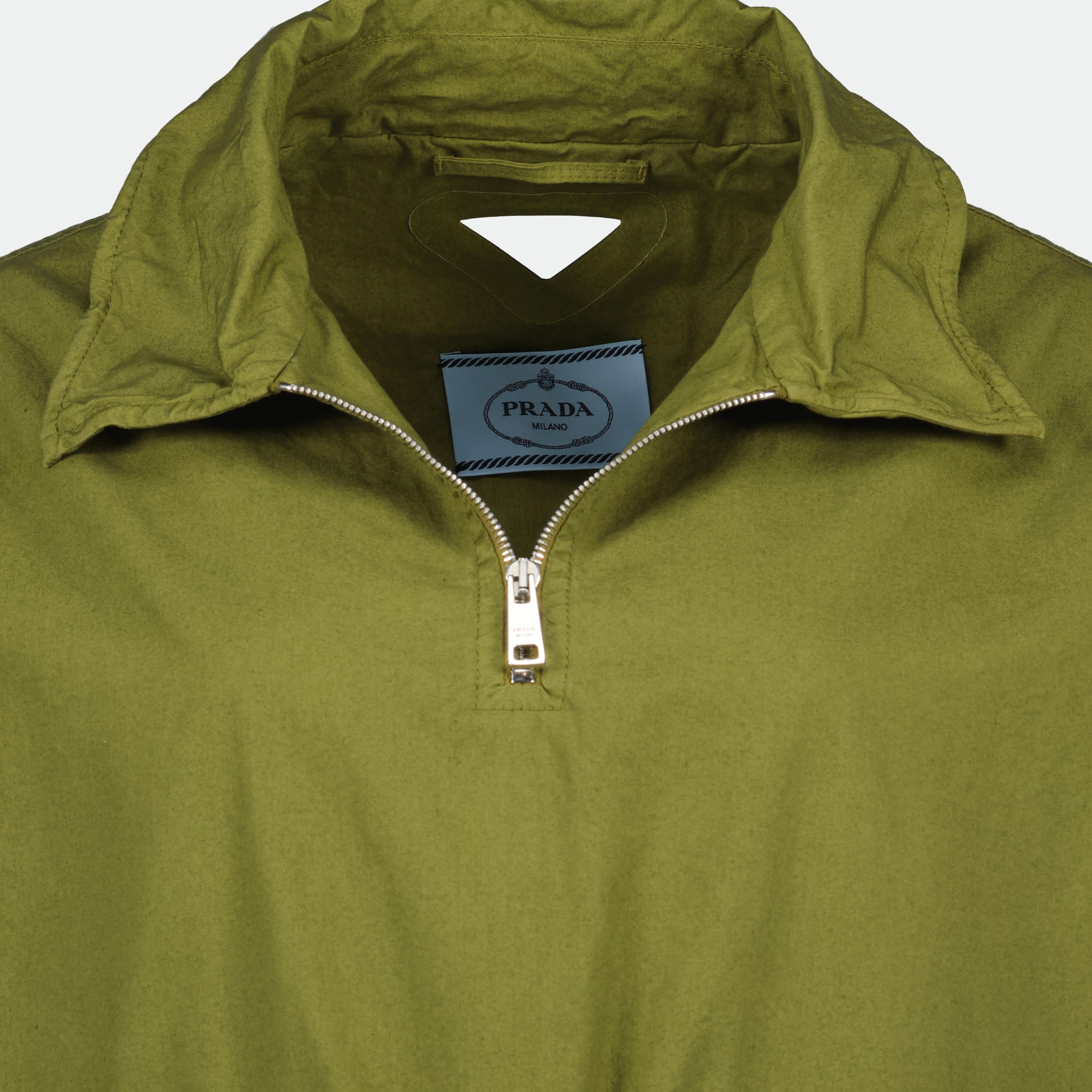 olive green jacket, poplin jacket, Prada jacket, funnel collar jacket, women's outerwear