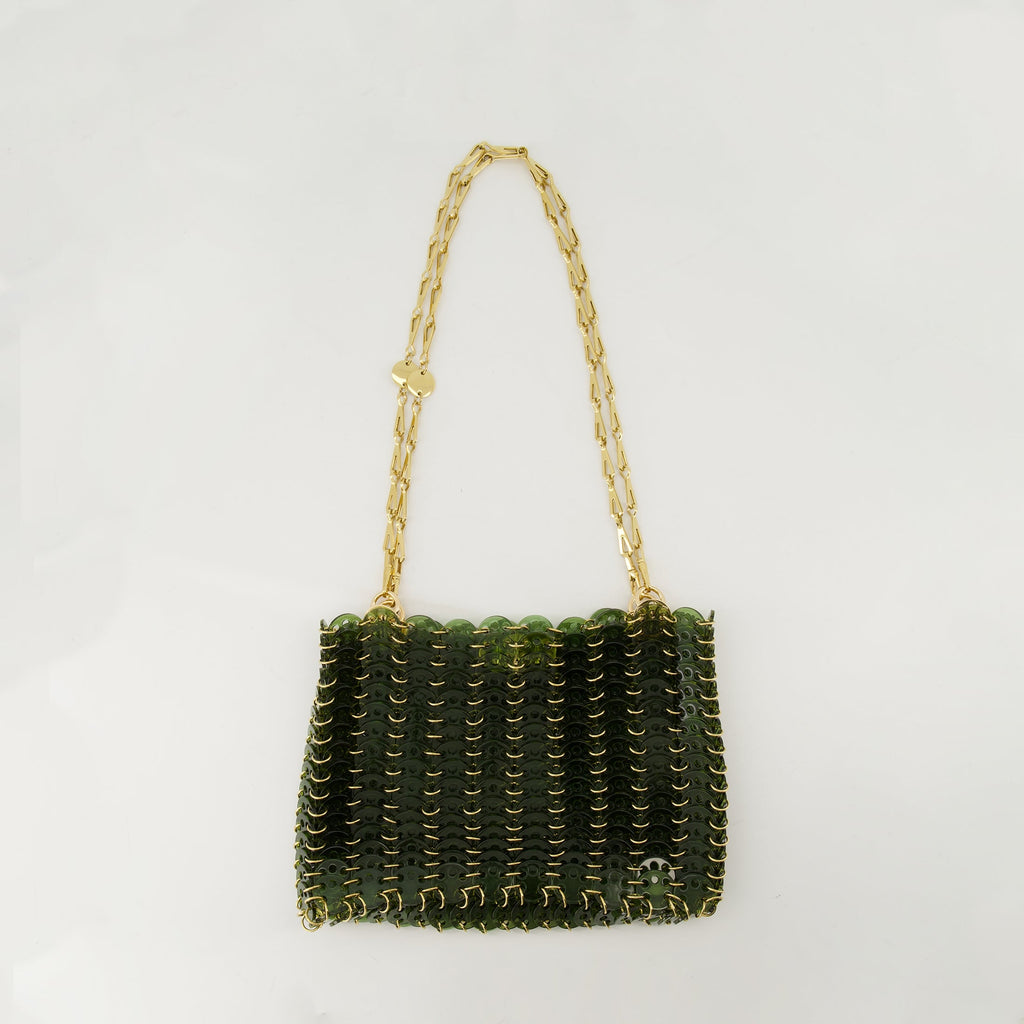 1969 bag, green and gold bag, acrylic shoulder bag, designer accessory, statement handbag
