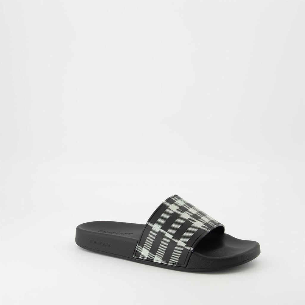 Burberry slides, Check print sandals, Polyurethane footwear, Casual slides, Designer sandals