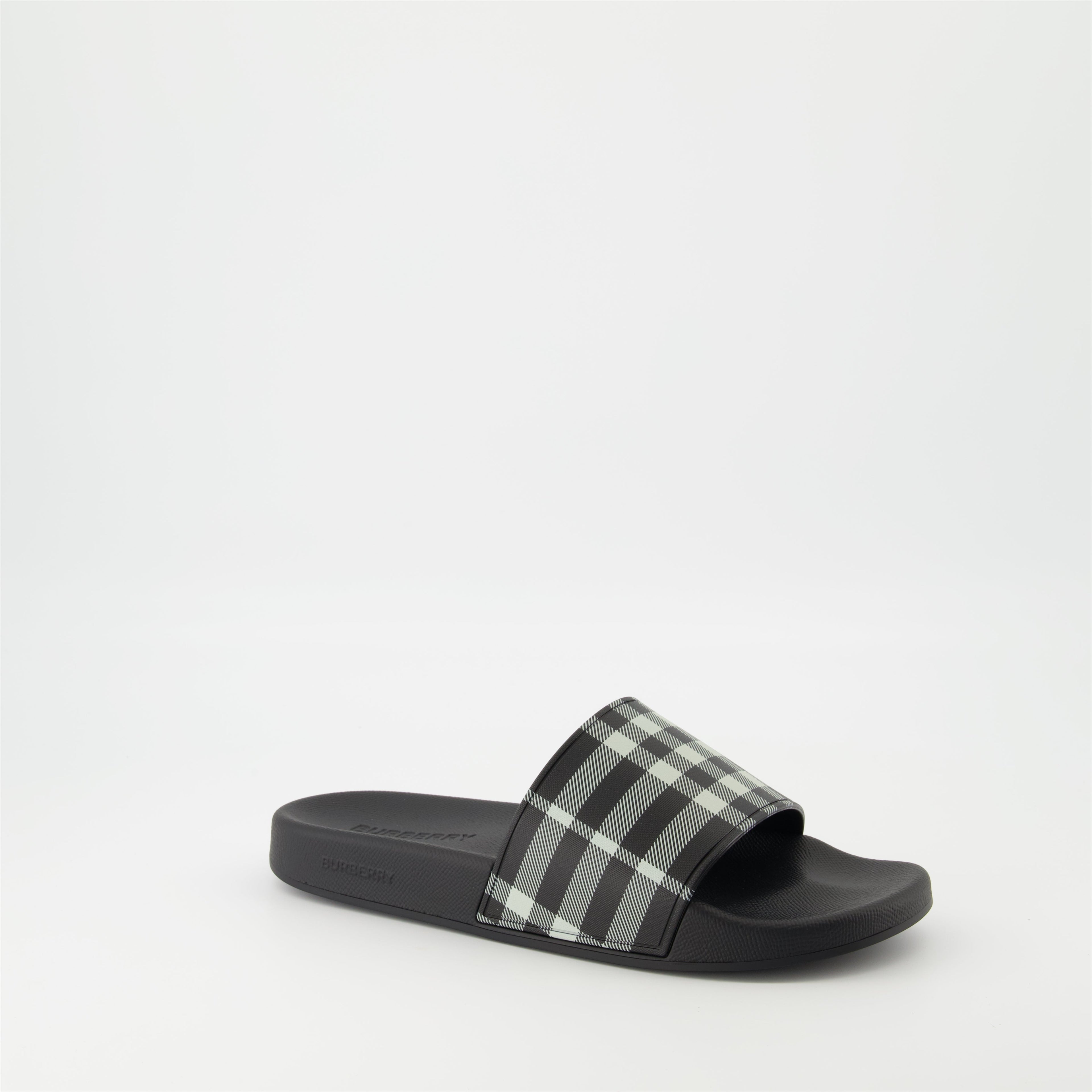 Burberry slides, Check print sandals, Polyurethane footwear, Casual slides, Designer sandals