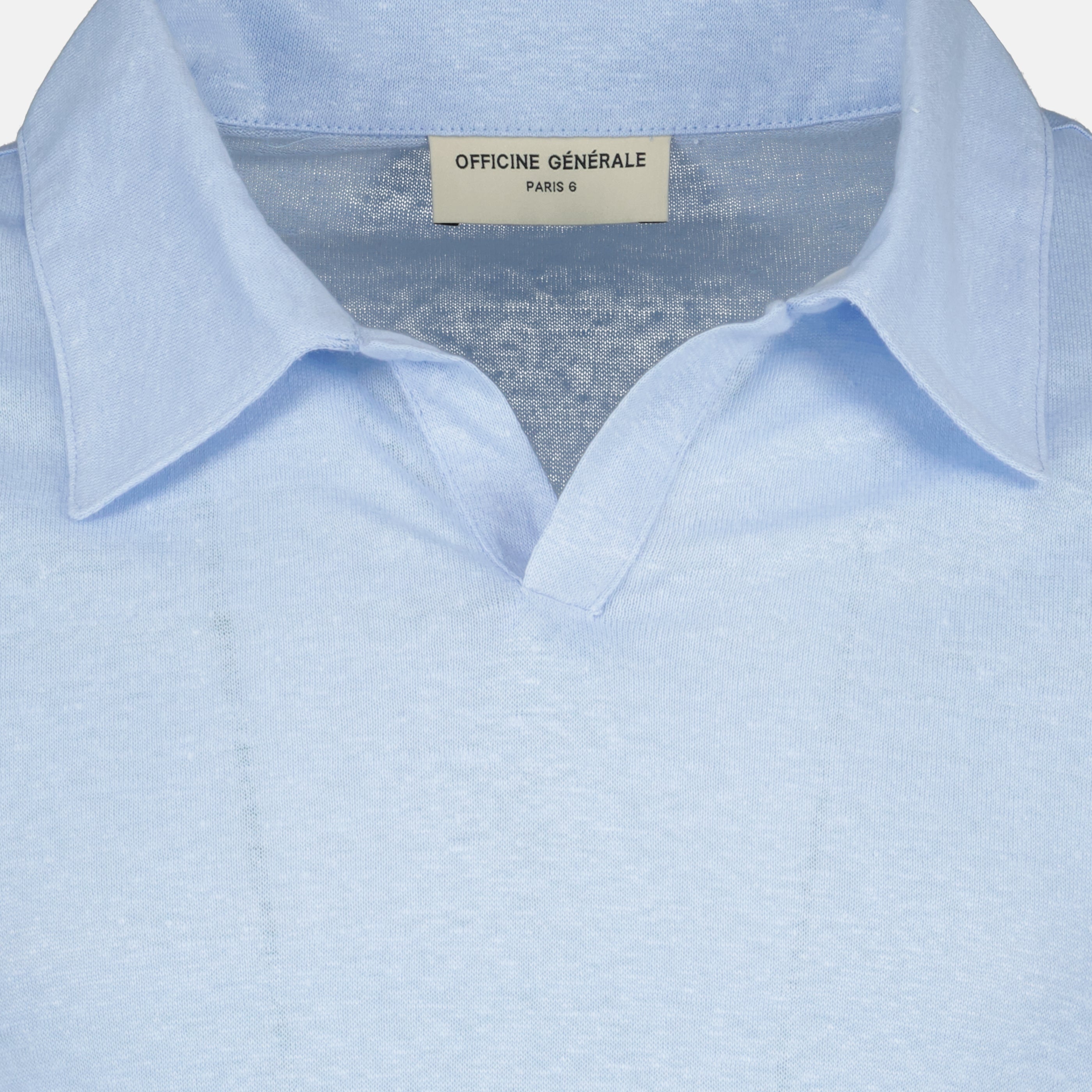 Image of Light Blue Linen Polo Shirt by Officine Générale for Men - Season Spring-Summer 2026 - Detail View 1