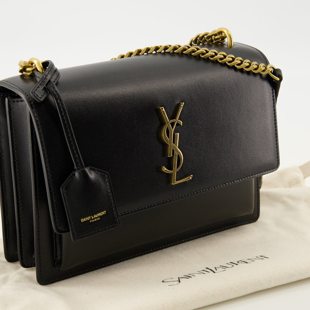 Saint Laurent bag, black leather bag, Sunset medium bag, chain strap bag, designer handbag