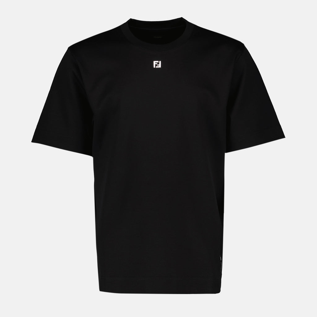 Image of Black Cotton T-Shirt with FF Metal Logo by Fendi for Men - Season Spring-Summer 2025 - Front View