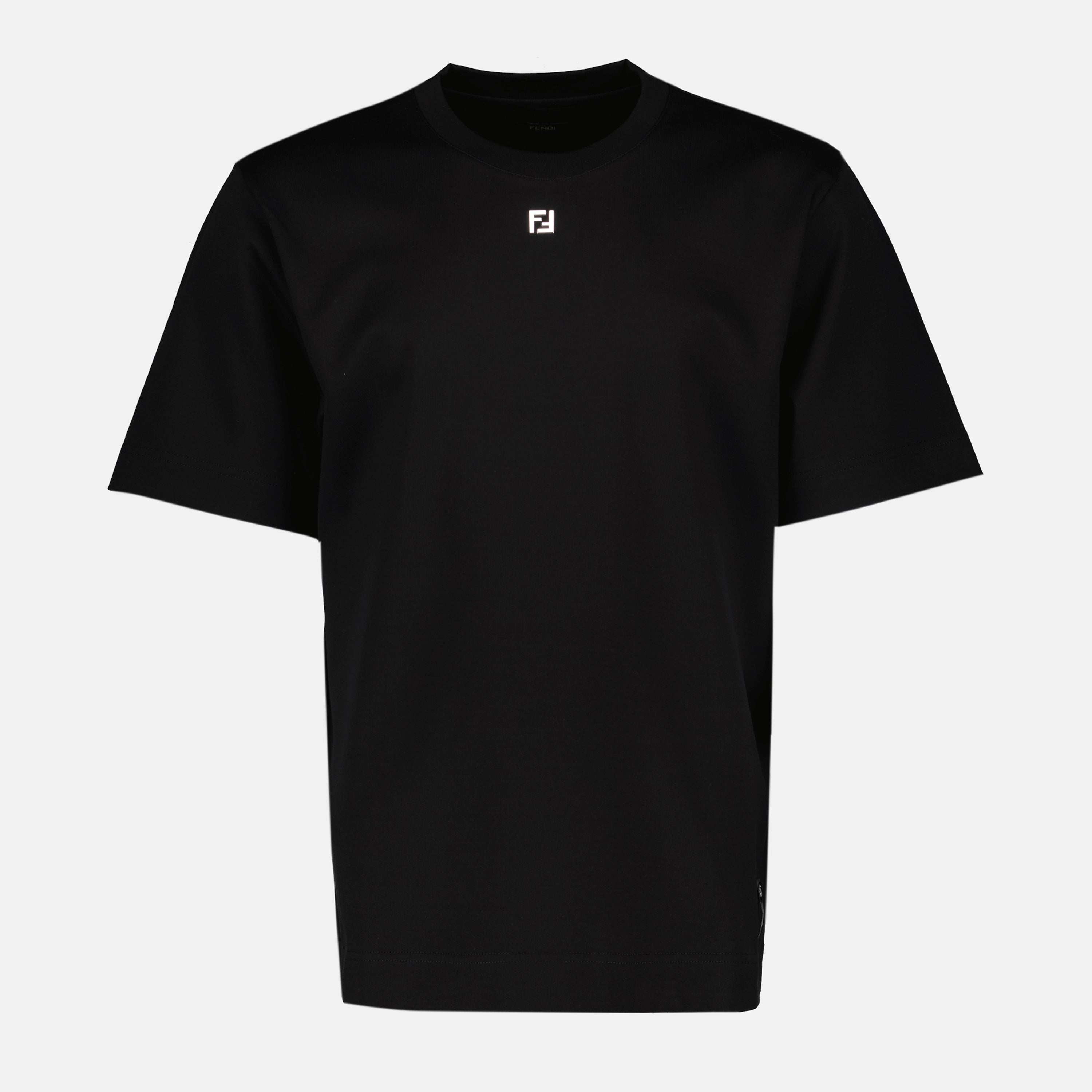 Image of Black Cotton T-Shirt with FF Metal Logo by Fendi for Men - Season Spring-Summer 2025 - Front View