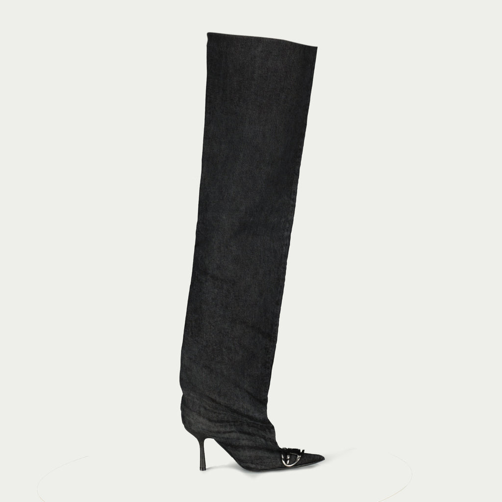 thigh-high boots, denim boots, black washed boots, Diesel footwear, autumn winter collection