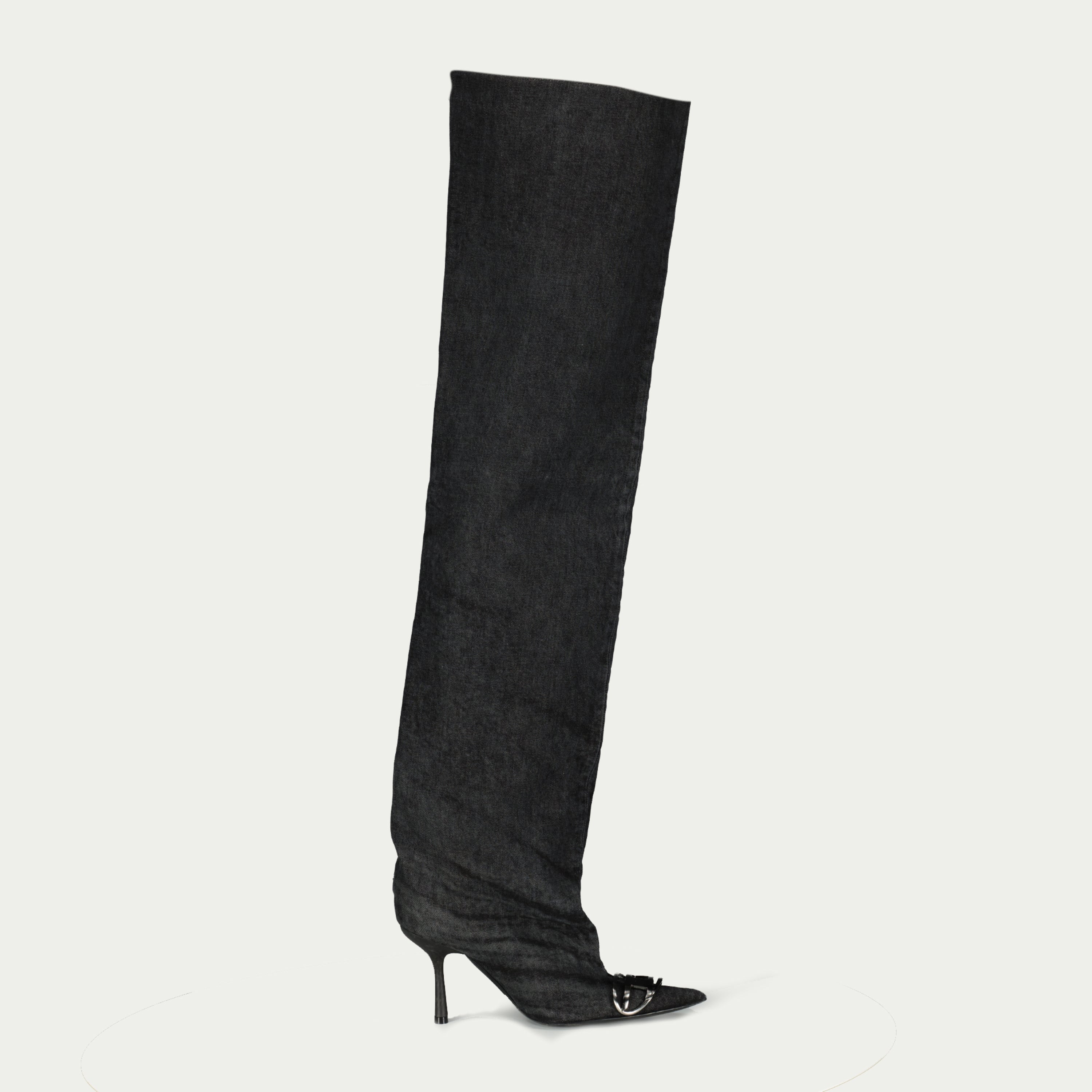 thigh-high boots, denim boots, black washed boots, Diesel footwear, autumn winter collection