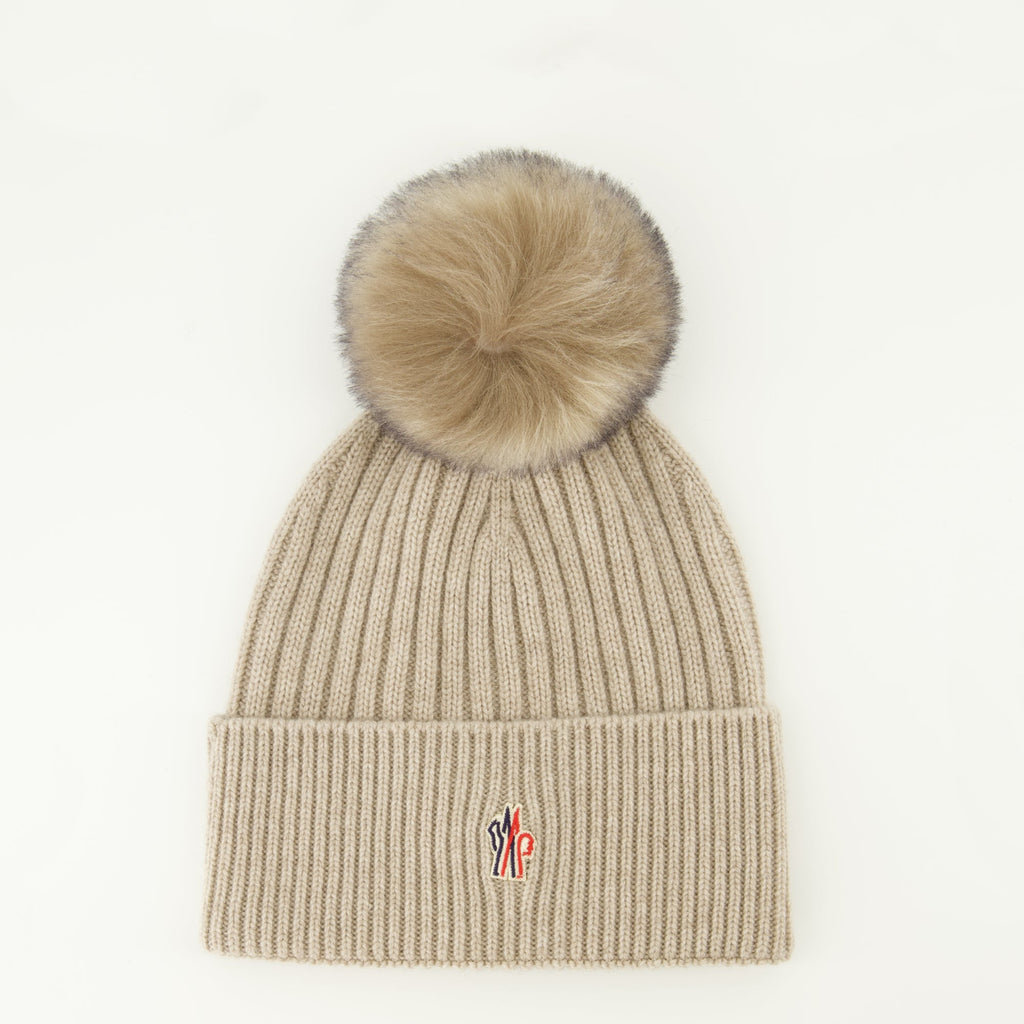Moncler Grenoble beanie, cashmere beanie, beige pompom hat, autumn accessories, luxury winterwear