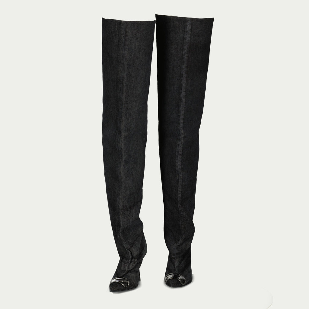 thigh-high boots, denim boots, black washed boots, Diesel footwear, autumn winter collection