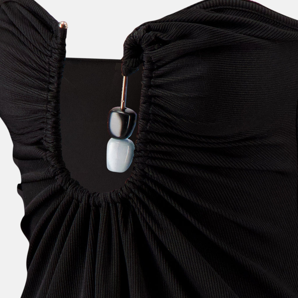 Christopher Esber dress, bustier dress, gathered details, brass hardware, black dress