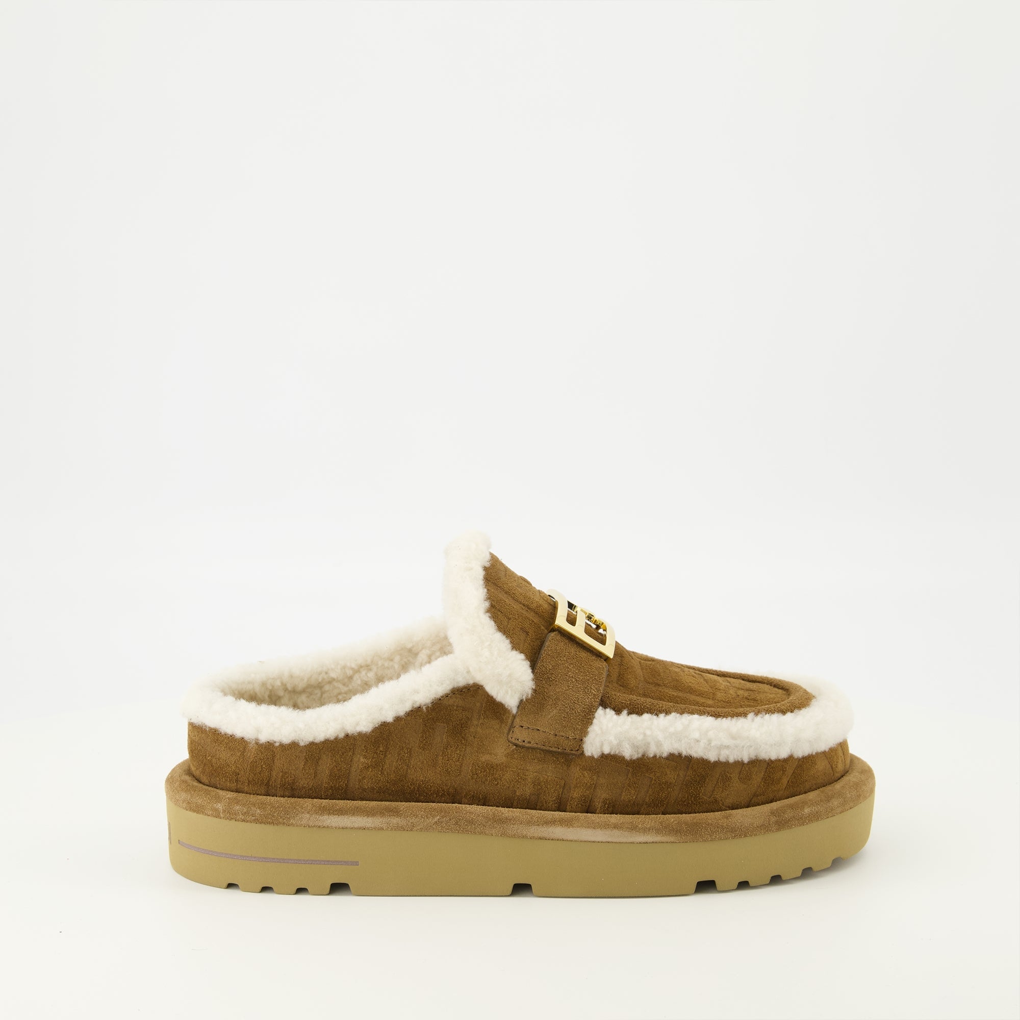 brown clogs, suede footwear, Fendi collection, winter shoes, après-ski clogs