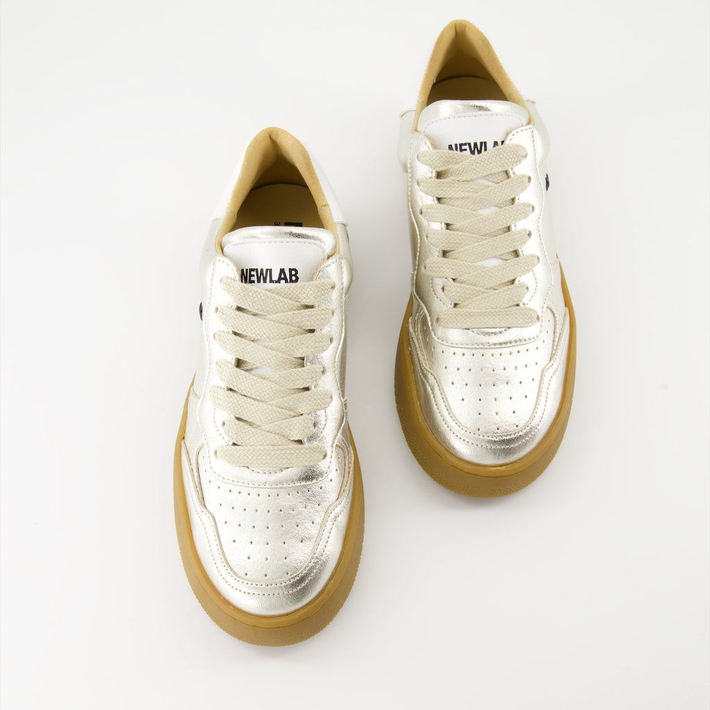 silver sneakers, New Lab shoes, synthetic leather sneakers, luxury sneakers, crantée rubber outsole