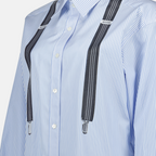 blue printed shirt, Moschino shirt, women's wardrobe staple, classic collar shirt, striped design