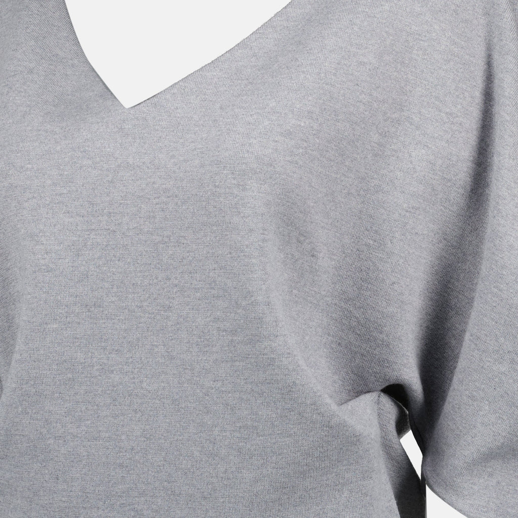 Khaite Top Venus, grey wool top, elegant women's top, ruffled neckline, puffed sleeves top