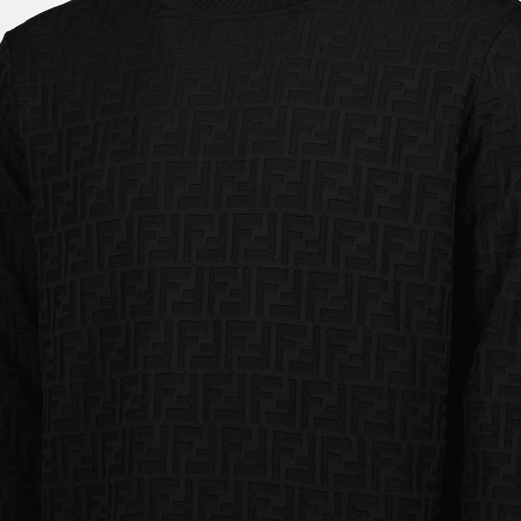 Fendi sweater, FF black sweater, ribbed knit sweater, logo print clothing, men's fashion
