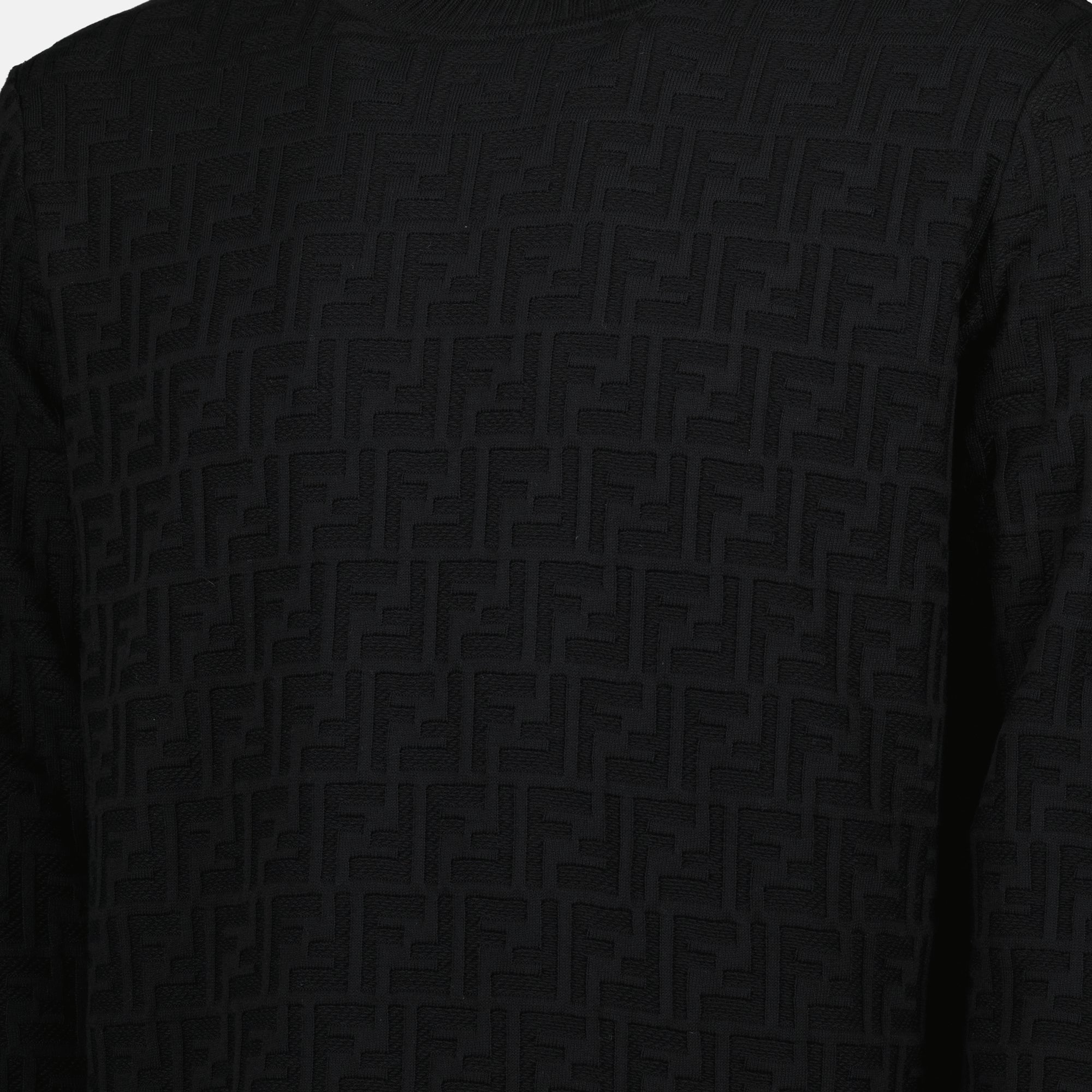 Fendi sweater, FF black sweater, ribbed knit sweater, logo print clothing, men's fashion