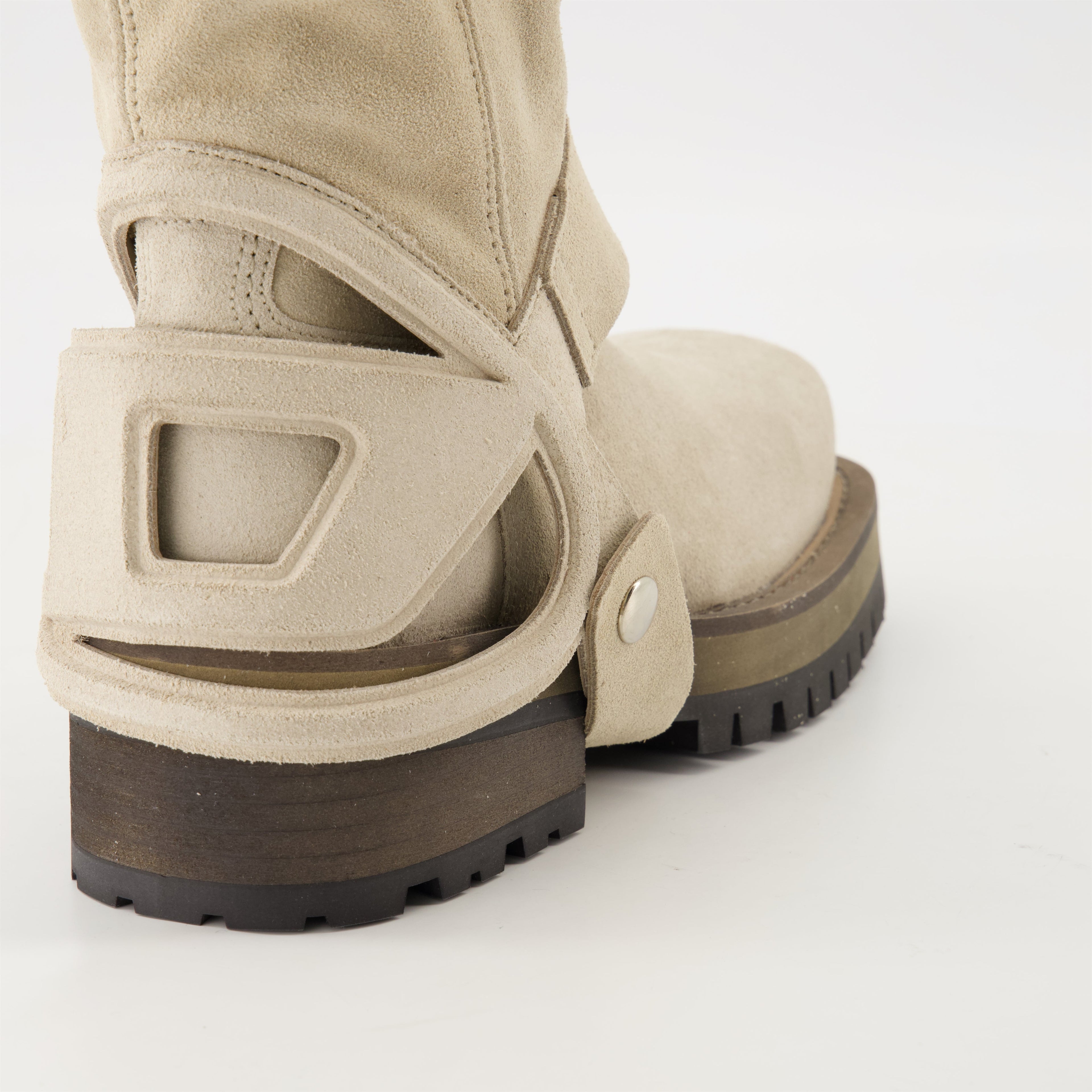 beige suede boots, Diesel Texan boots, mid-height boots, leather sole boots, Spring-Summer 2025 collection