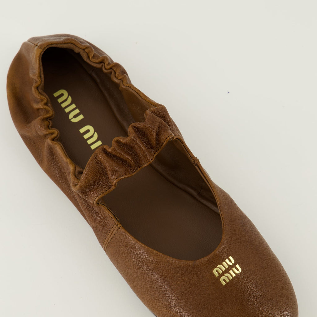brown leather ballerinas, Miu Miu footwear, nappa leather shoes, elegant slip-on shoes, women's ballerinas