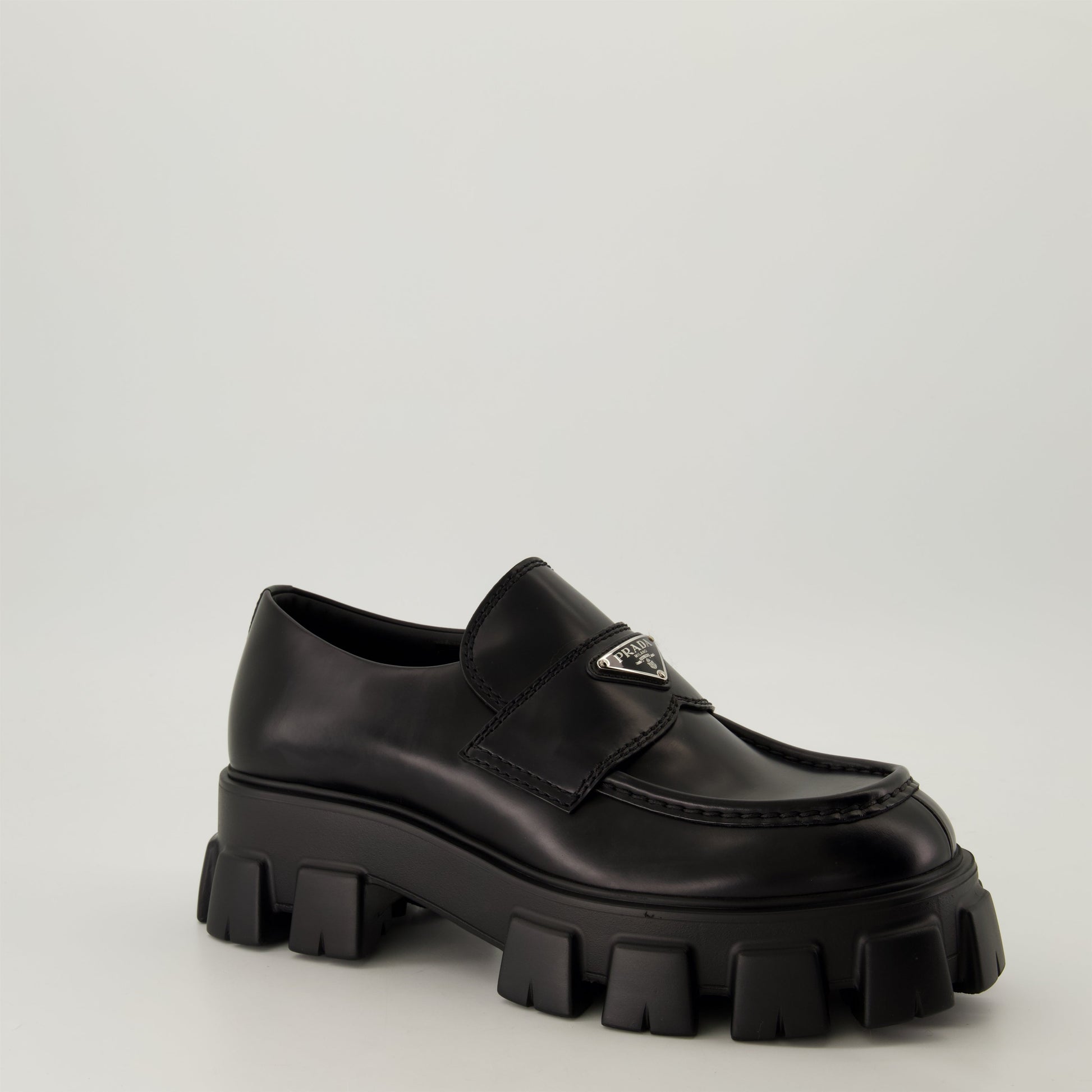 Black Leather Moccasins, Chunky Sole Shoes, Rubber Sole Footwear, Enamelled Logo Moccasins, Autumn-Winter 2024 Shoes