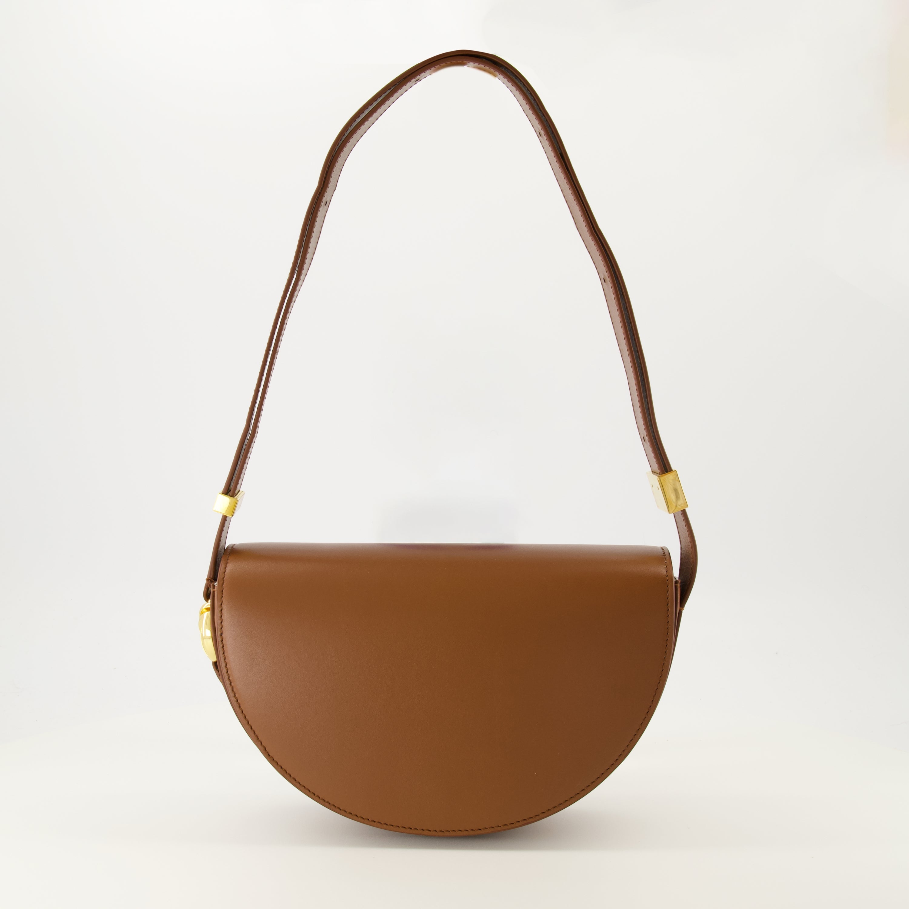 brown handbag, Patou handbag, leather shoulder bag, semi-circular bag, chic bag