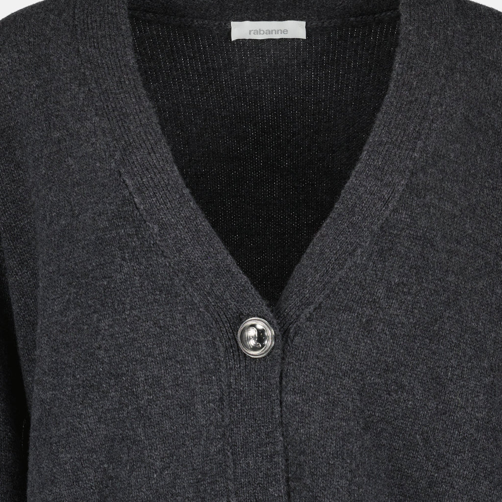 grey cardigan, wool cashmere, V-neck design, long sleeve cardigan, Rabanne
