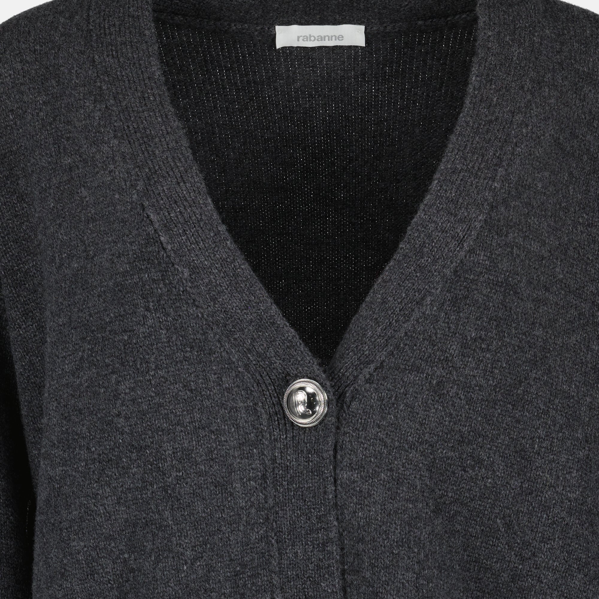 grey cardigan, wool cashmere, V-neck design, long sleeve cardigan, Rabanne