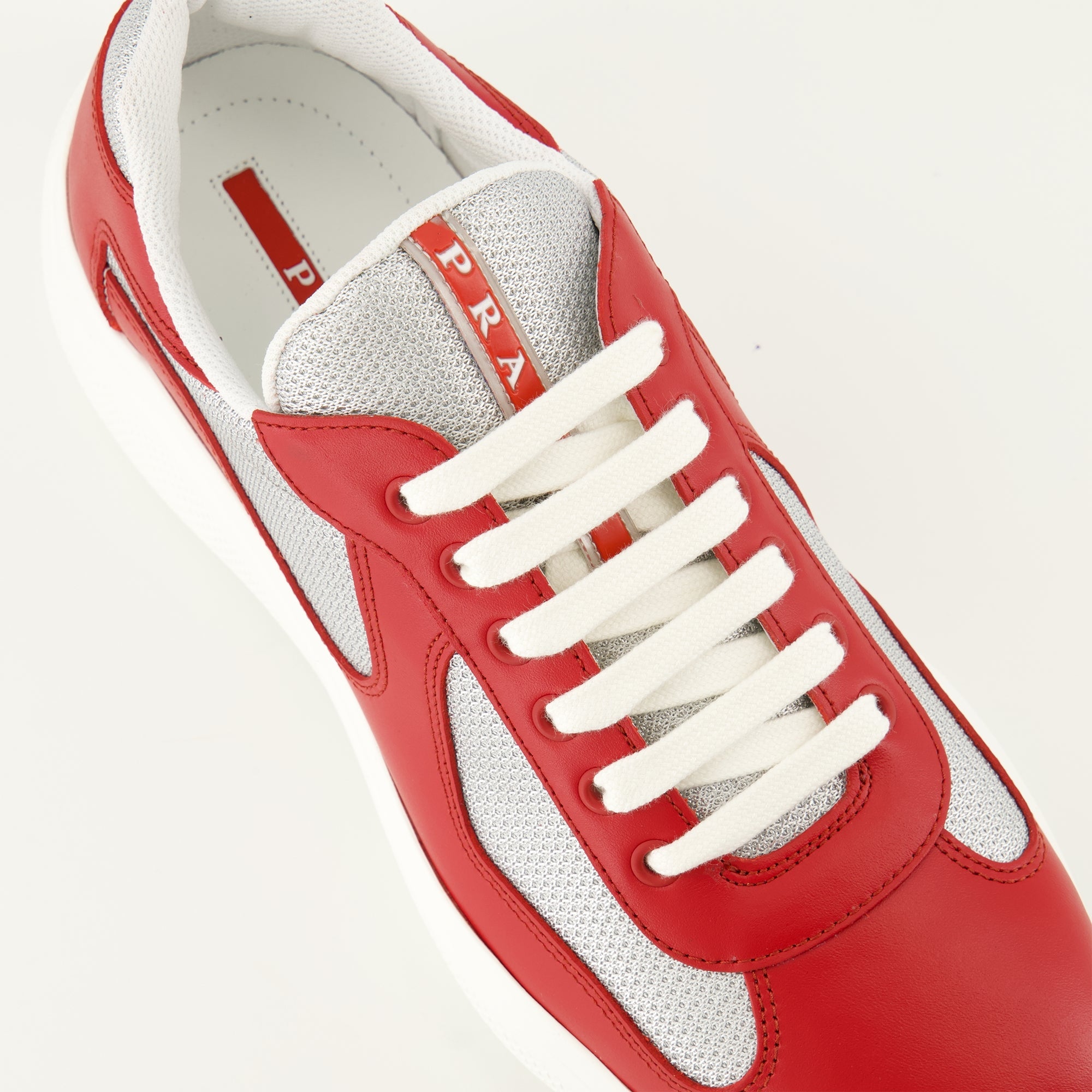 Prada shoe, America's Cup, red sneakers, calf leather footwear, rugged sole