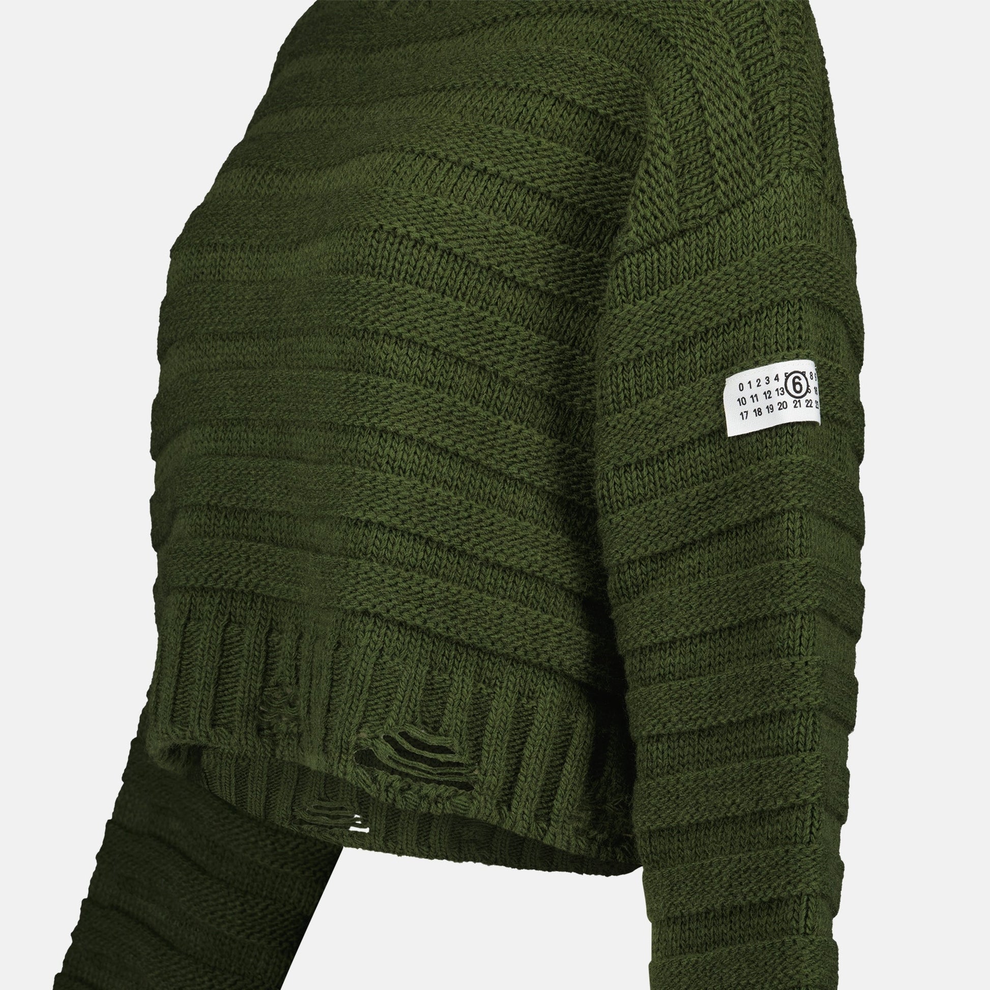 distressed green sweater, ribbed wool sweater, MM6 Autumn-Winter 2024, luxury women's sweaters, high-end fashion