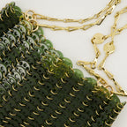 1969 bag, green and gold bag, acrylic shoulder bag, designer accessory, statement handbag