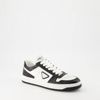Image of White and Black Leather Downtown Sneakers by Prada for Women - Season Autumn-Winter 2024 - Front Right Three-Quarter View