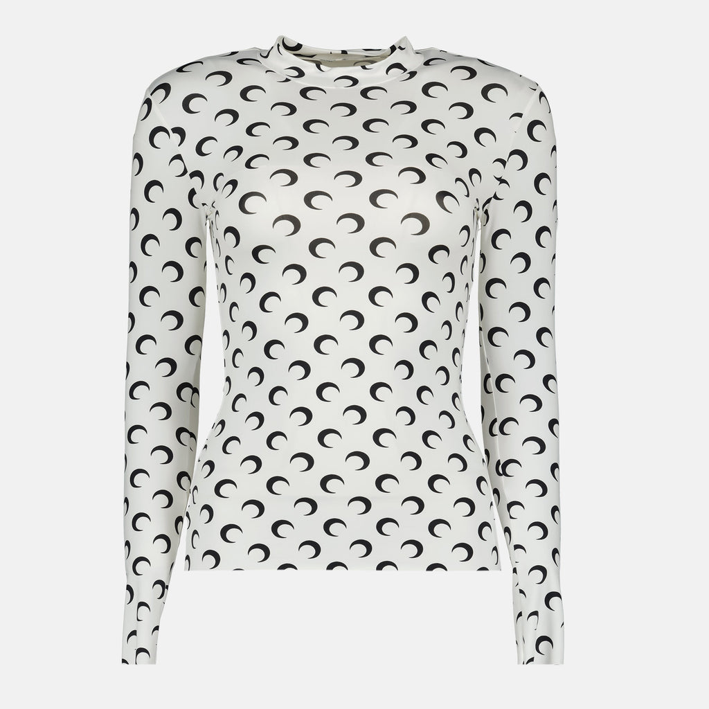 Marine Serre top, Moon print jersey, high collar top, form-fitting clothing, polyamide top